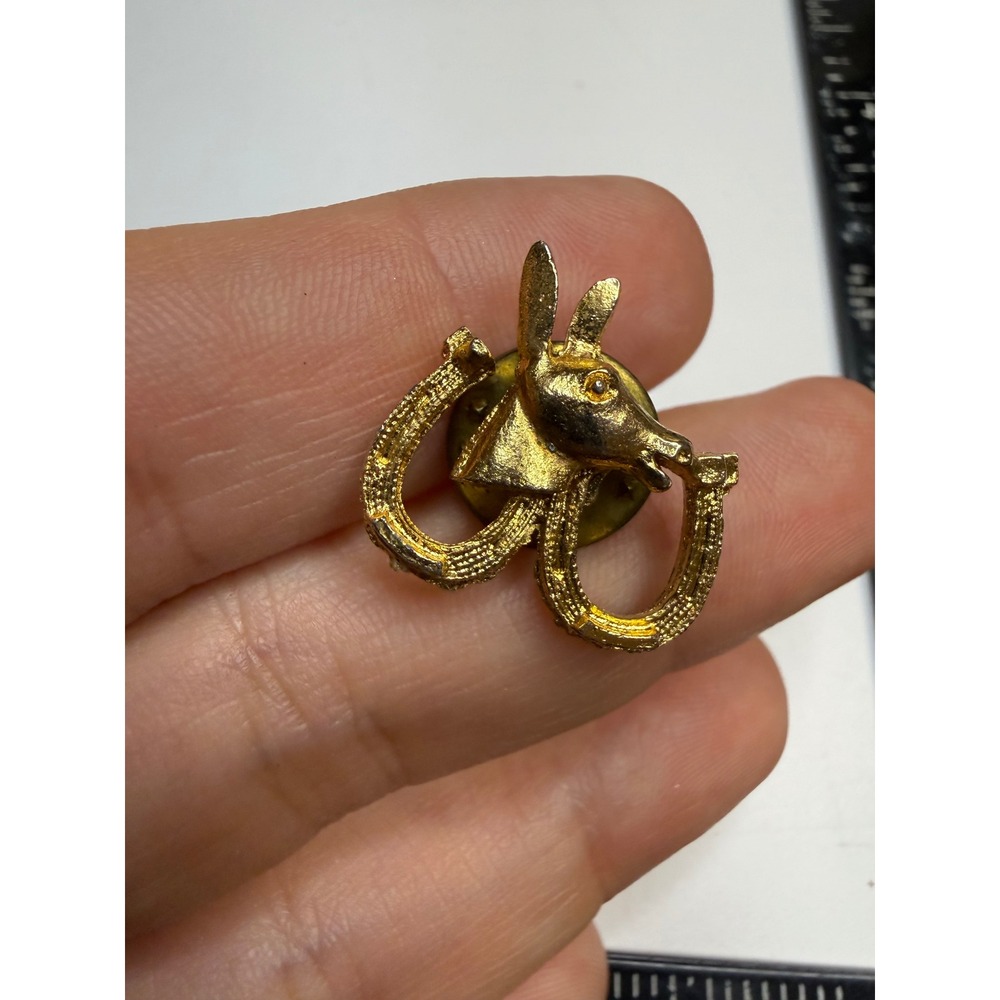 Gold Tone Donkey Horseshoe Lapel Pin Political Equestrian Tie Tack Hat Pin